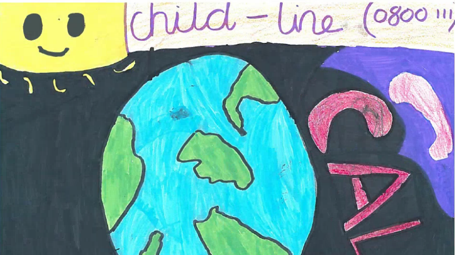 Art work from primary school children - Drawing of world and Childline number