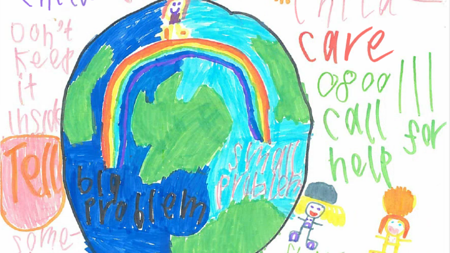 Art work from primary school children - Drawing of world and rainbow